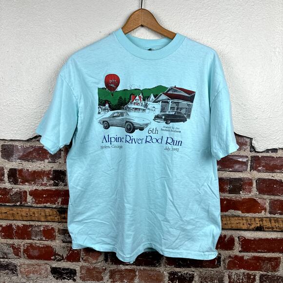 Vintage Rod Run Shirt XL Blue Single Stitch Alpine River Helen GA Car Show 1993 - Picture 1 of 9